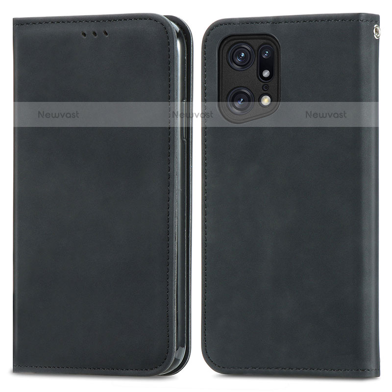 Leather Case Stands Flip Cover Holder S04D for Oppo Find X5 Pro 5G Black