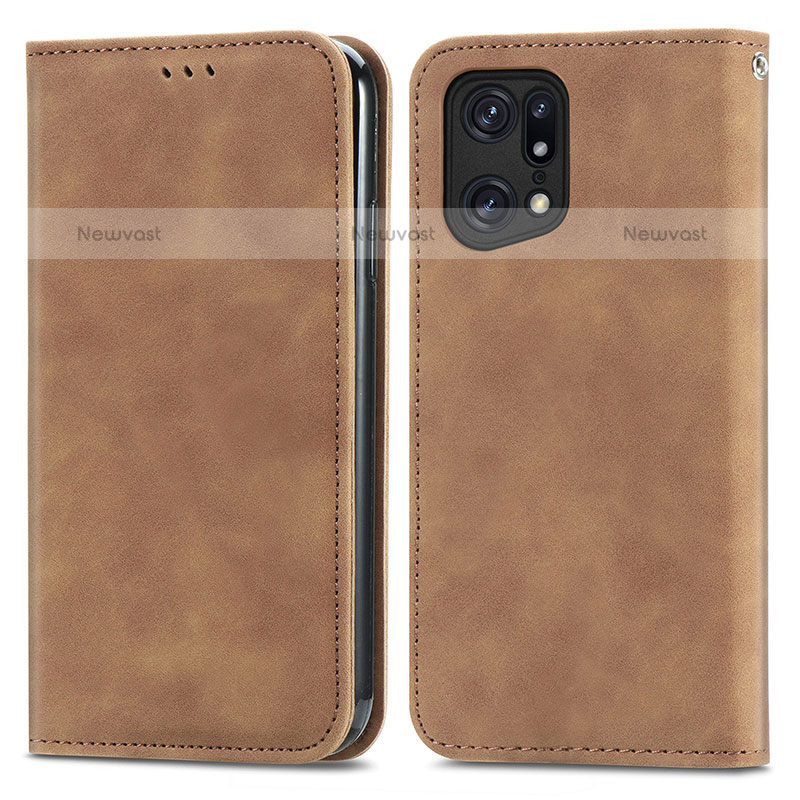 Leather Case Stands Flip Cover Holder S04D for Oppo Find X5 Pro 5G Brown
