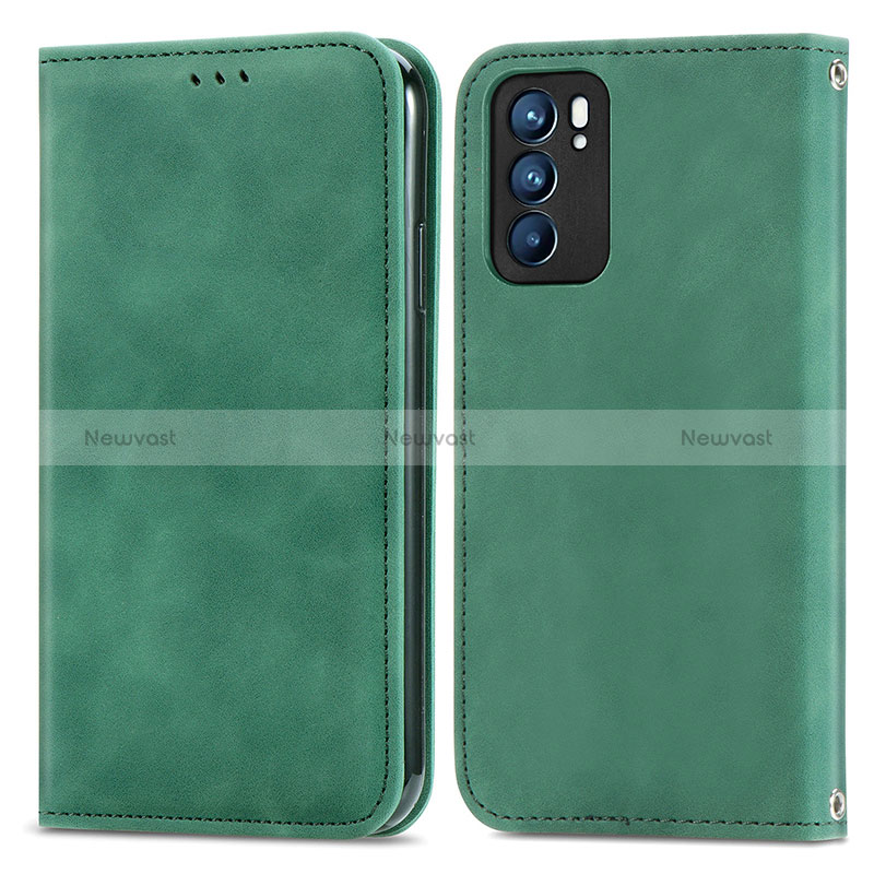 Leather Case Stands Flip Cover Holder S04D for Oppo Reno6 5G Green