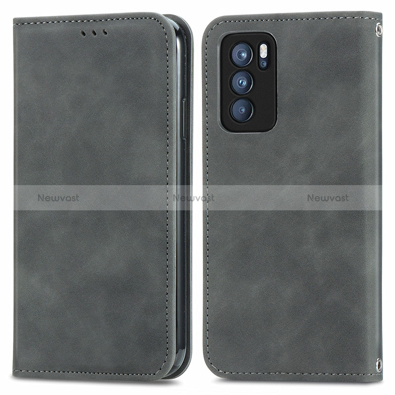 Leather Case Stands Flip Cover Holder S04D for Oppo Reno6 Pro 5G India Gray