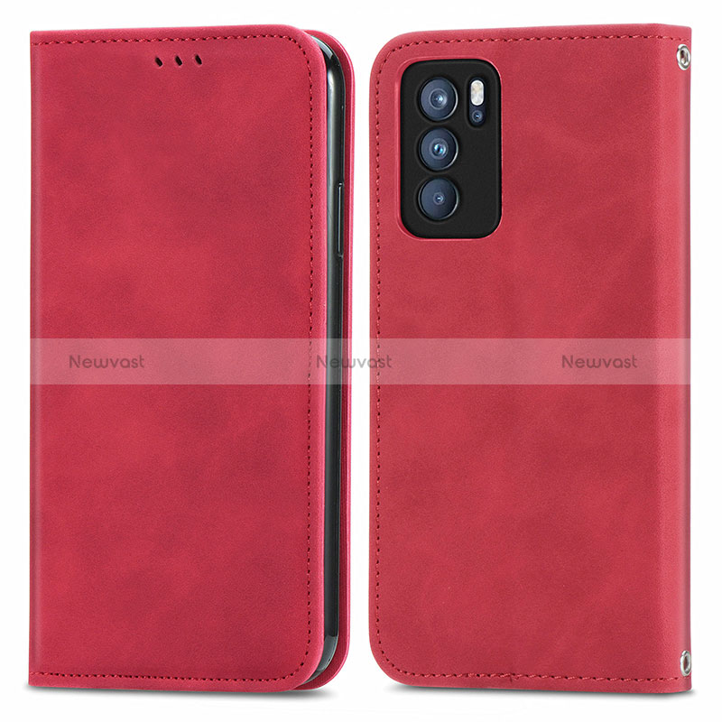 Leather Case Stands Flip Cover Holder S04D for Oppo Reno6 Pro 5G India Red