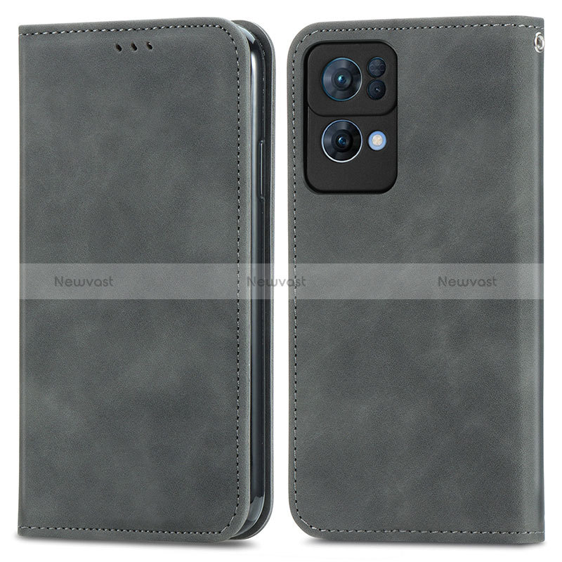 Leather Case Stands Flip Cover Holder S04D for Oppo Reno7 Pro 5G Gray