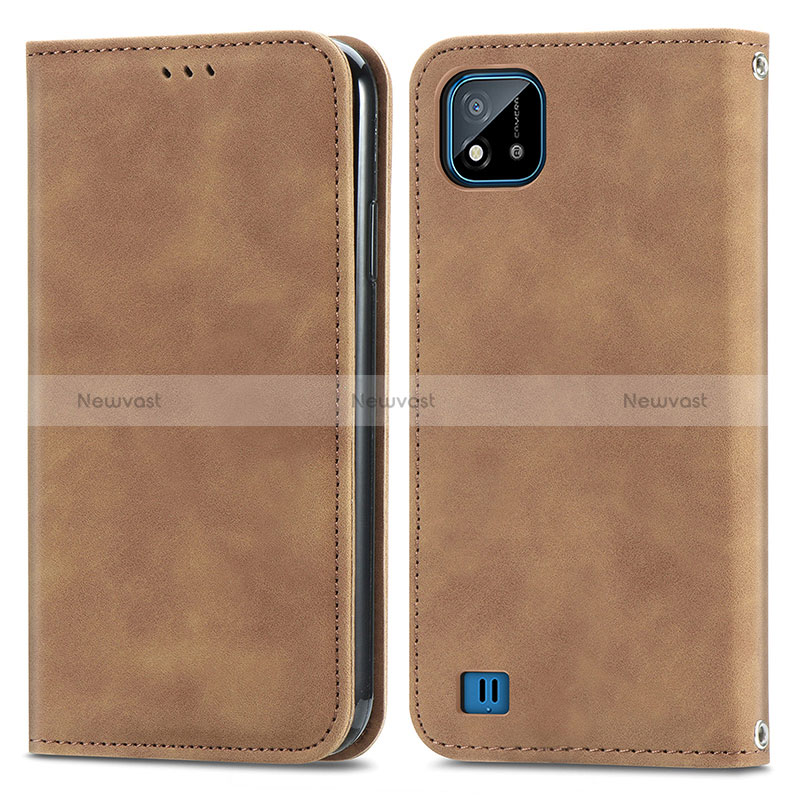 Leather Case Stands Flip Cover Holder S04D for Realme C20 Brown