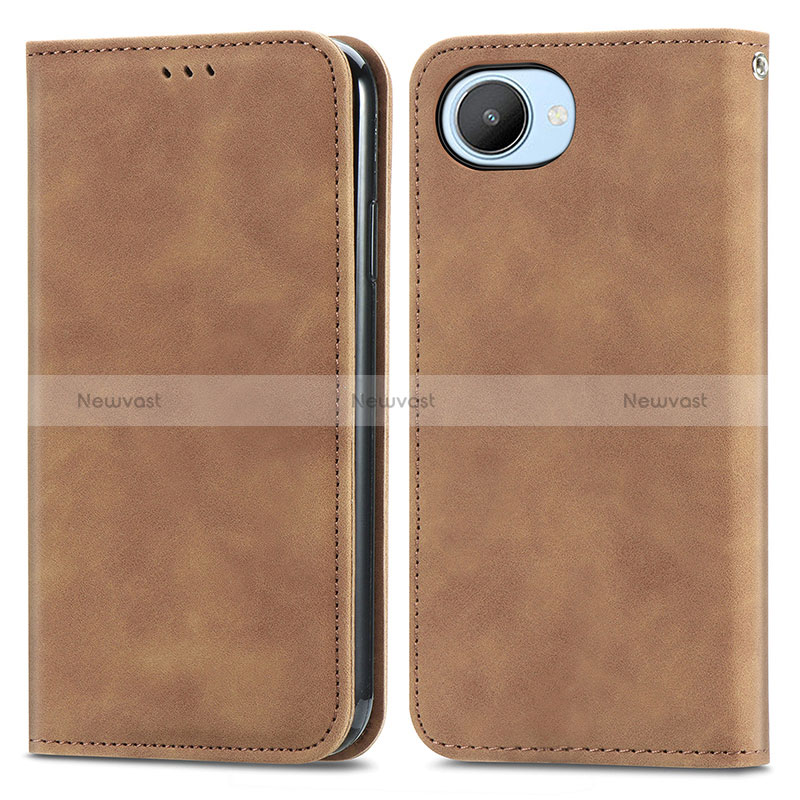 Leather Case Stands Flip Cover Holder S04D for Realme C30s Brown