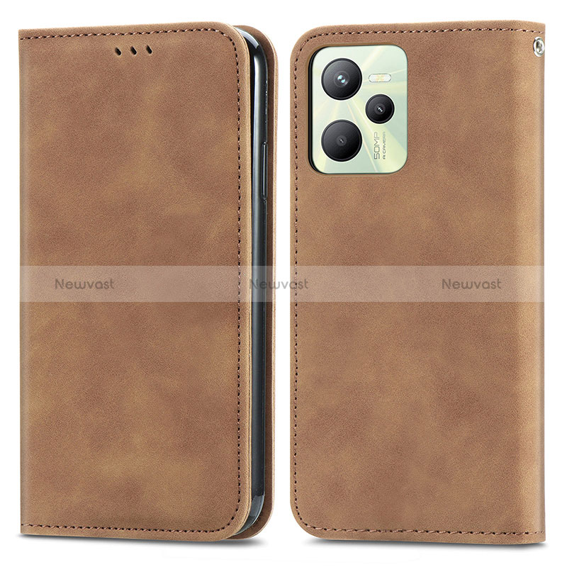 Leather Case Stands Flip Cover Holder S04D for Realme Narzo 50A Prime Brown