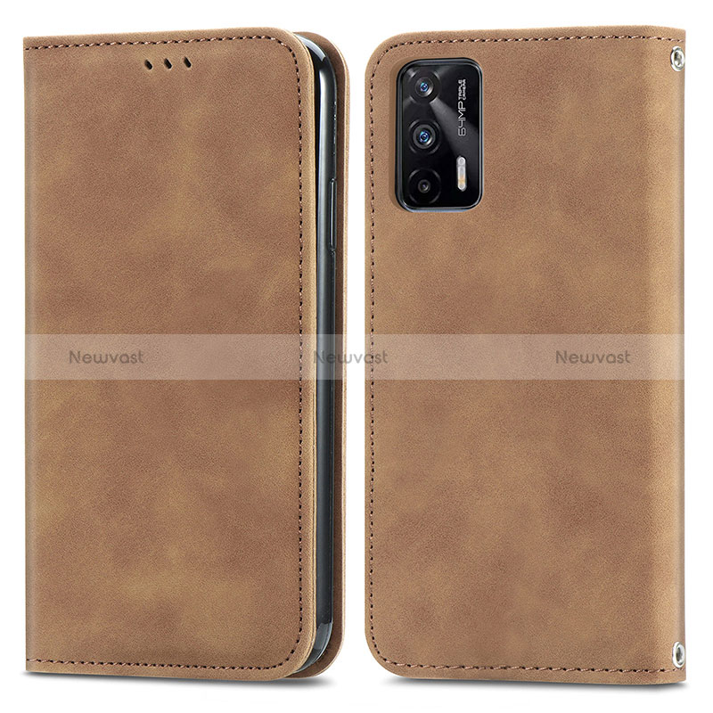 Leather Case Stands Flip Cover Holder S04D for Realme Q3 Pro 5G Brown