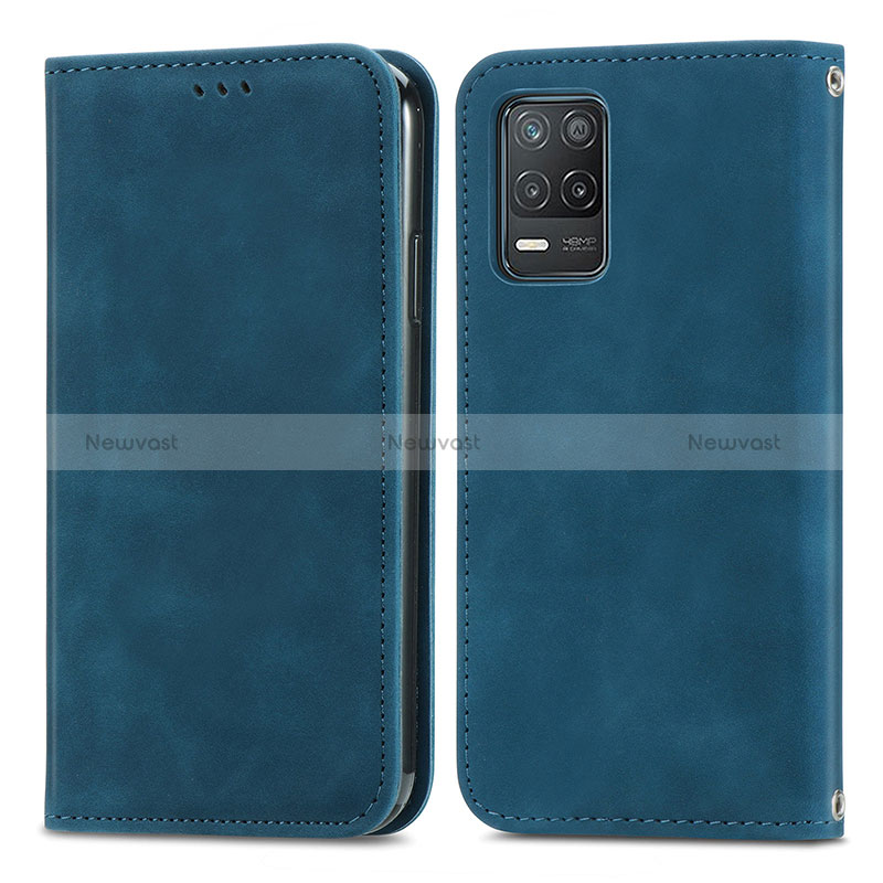 Leather Case Stands Flip Cover Holder S04D for Realme Q3i 5G Blue