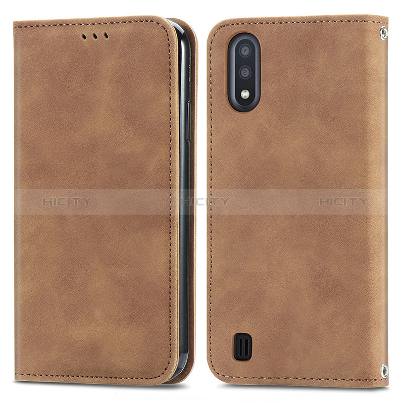 Leather Case Stands Flip Cover Holder S04D for Samsung Galaxy A01 SM-A015 Brown