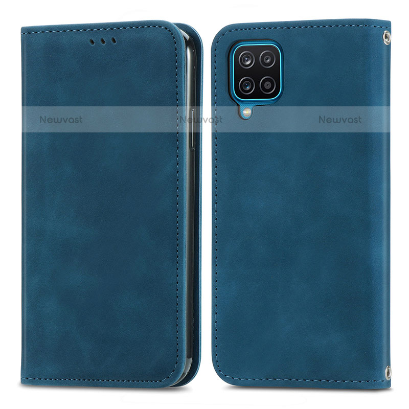 Leather Case Stands Flip Cover Holder S04D for Samsung Galaxy A12 Blue