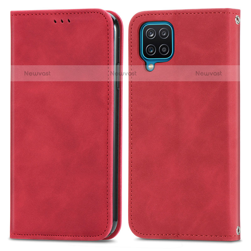 Leather Case Stands Flip Cover Holder S04D for Samsung Galaxy A12 Red