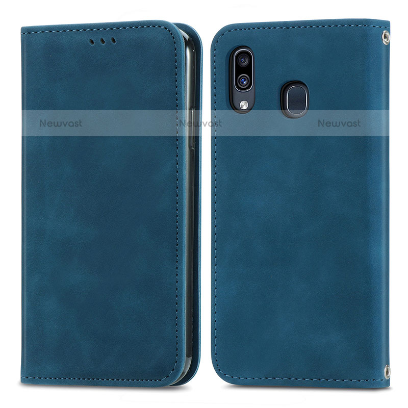 Leather Case Stands Flip Cover Holder S04D for Samsung Galaxy A20 Blue