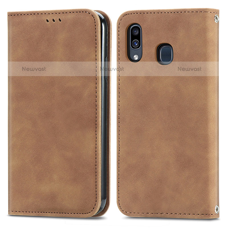 Leather Case Stands Flip Cover Holder S04D for Samsung Galaxy A20 Brown