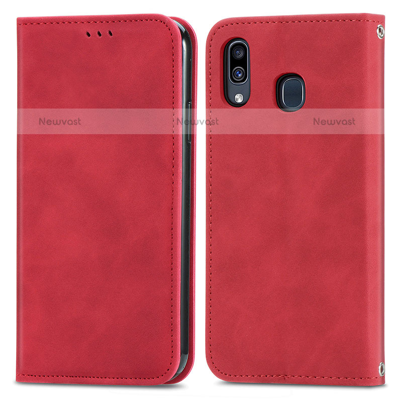 Leather Case Stands Flip Cover Holder S04D for Samsung Galaxy A20 Red