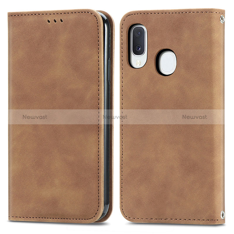 Leather Case Stands Flip Cover Holder S04D for Samsung Galaxy A20e Brown