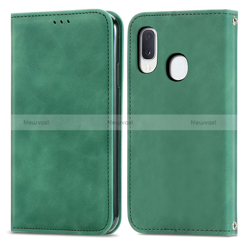 Leather Case Stands Flip Cover Holder S04D for Samsung Galaxy A20e Green