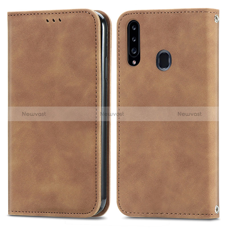 Leather Case Stands Flip Cover Holder S04D for Samsung Galaxy A20s Brown