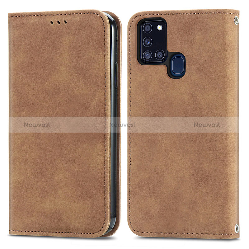 Leather Case Stands Flip Cover Holder S04D for Samsung Galaxy A21s Brown