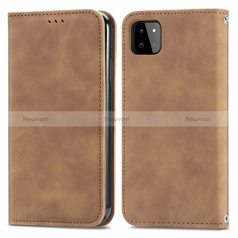 Leather Case Stands Flip Cover Holder S04D for Samsung Galaxy A22 5G Brown