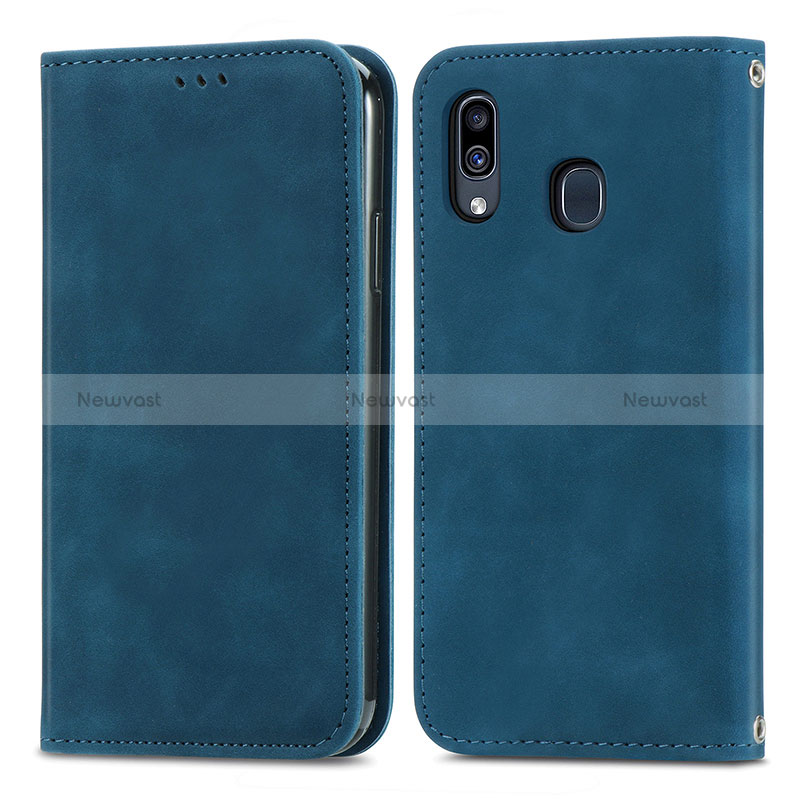 Leather Case Stands Flip Cover Holder S04D for Samsung Galaxy A30 Blue