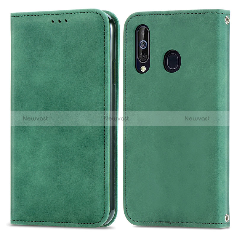 Leather Case Stands Flip Cover Holder S04D for Samsung Galaxy A60 Green