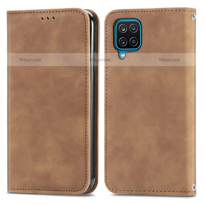 Leather Case Stands Flip Cover Holder S04D for Samsung Galaxy F12 Brown