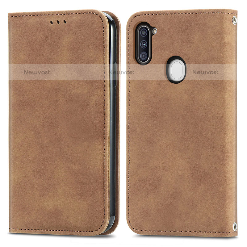 Leather Case Stands Flip Cover Holder S04D for Samsung Galaxy M11 Brown