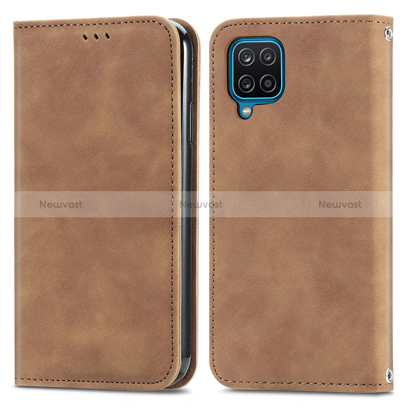 Leather Case Stands Flip Cover Holder S04D for Samsung Galaxy M12 Brown