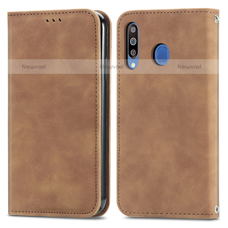 Leather Case Stands Flip Cover Holder S04D for Samsung Galaxy M30 Brown