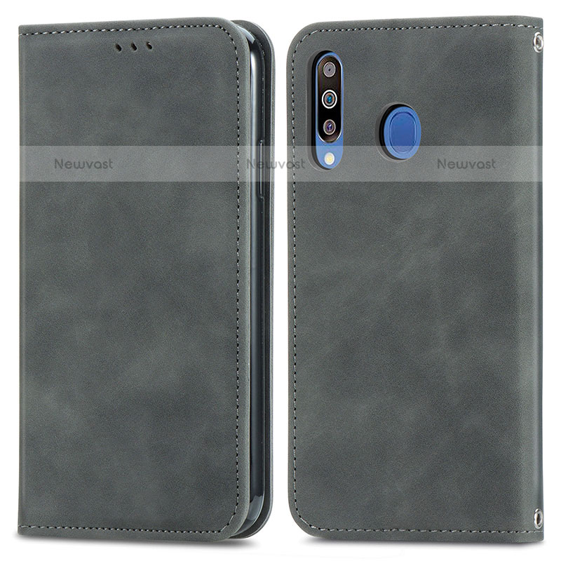 Leather Case Stands Flip Cover Holder S04D for Samsung Galaxy M30 Gray