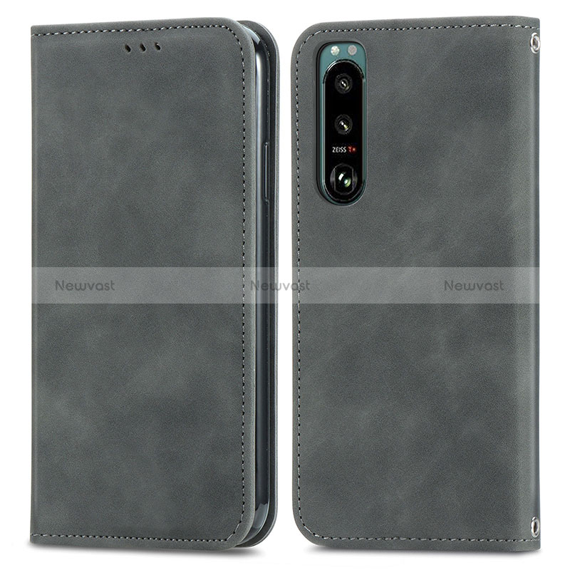 Leather Case Stands Flip Cover Holder S04D for Sony Xperia 5 III SO-53B Gray