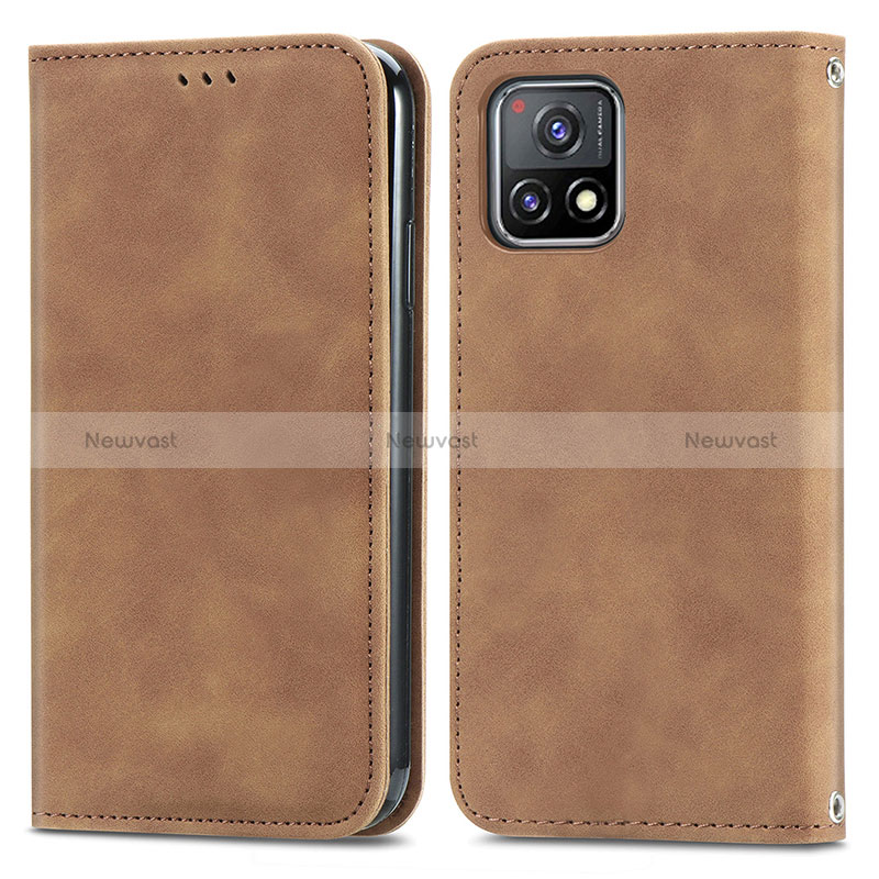 Leather Case Stands Flip Cover Holder S04D for Vivo iQOO U3x 5G Brown