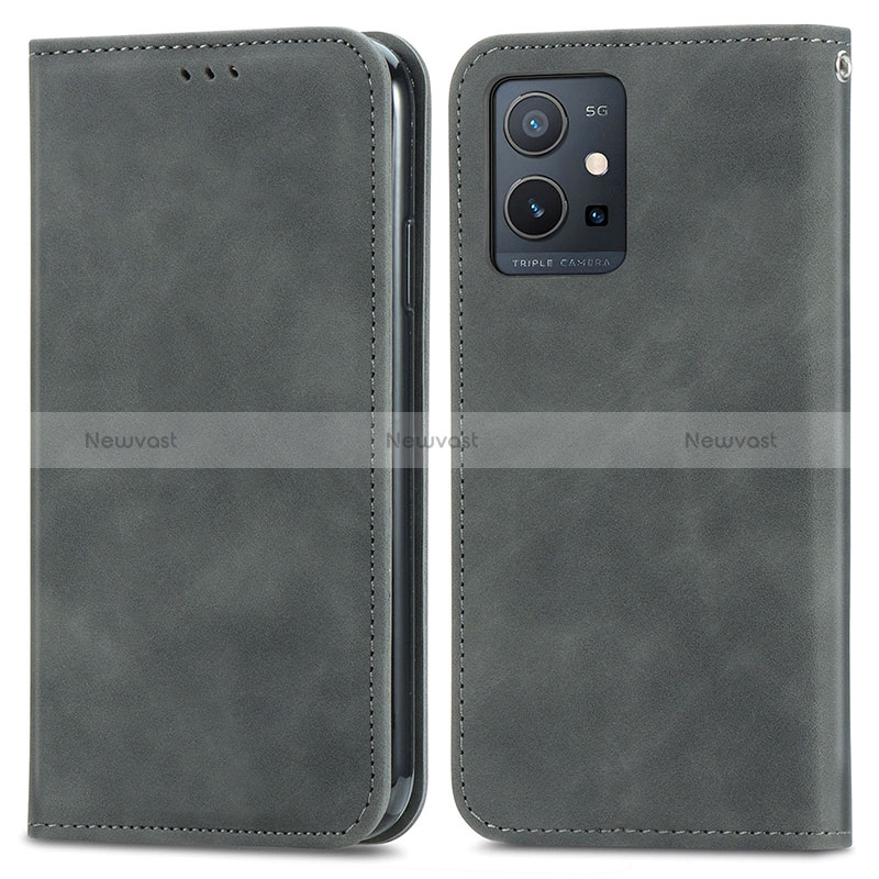 Leather Case Stands Flip Cover Holder S04D for Vivo T1 5G India Gray