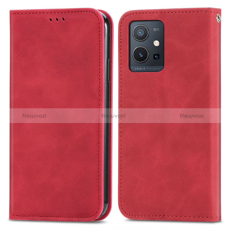 Leather Case Stands Flip Cover Holder S04D for Vivo T1 5G India Red