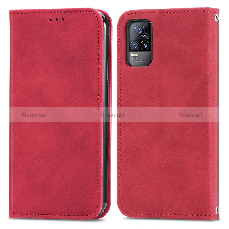 Leather Case Stands Flip Cover Holder S04D for Vivo V21e 4G Red