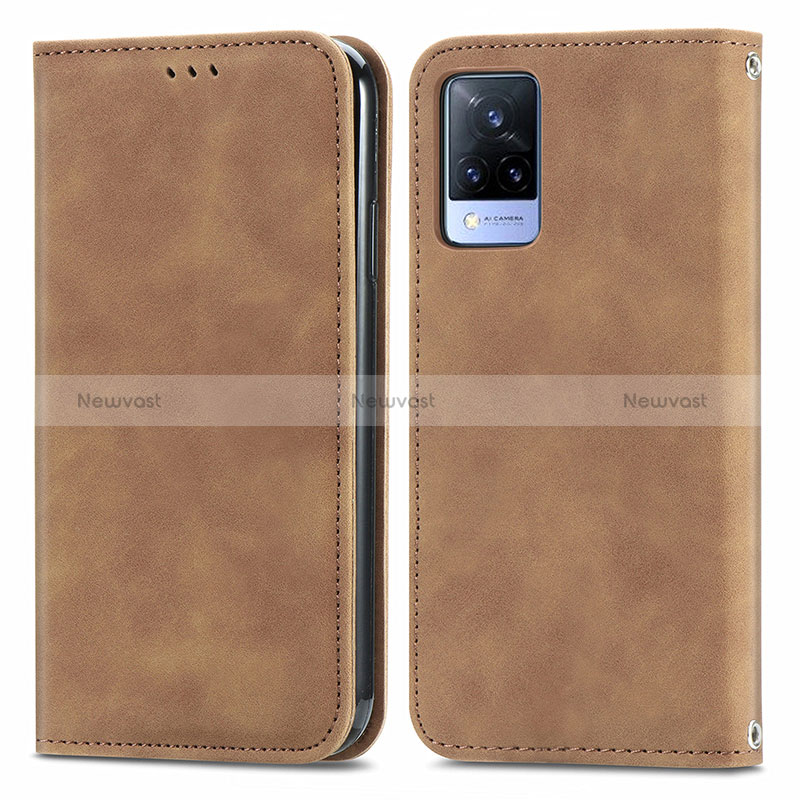 Leather Case Stands Flip Cover Holder S04D for Vivo V21s 5G Brown