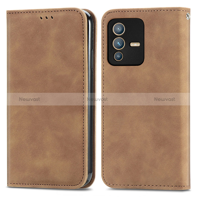 Leather Case Stands Flip Cover Holder S04D for Vivo V23 Pro 5G Brown