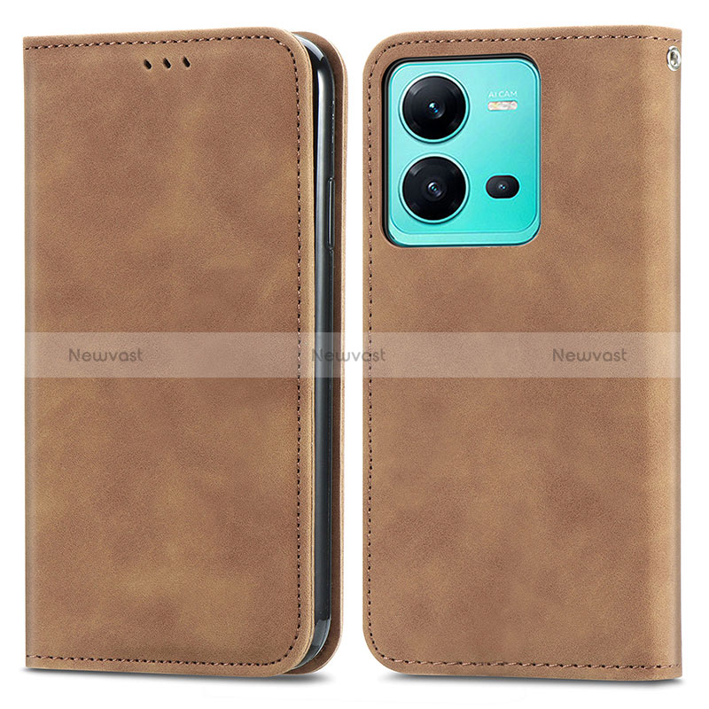 Leather Case Stands Flip Cover Holder S04D for Vivo V25e Brown