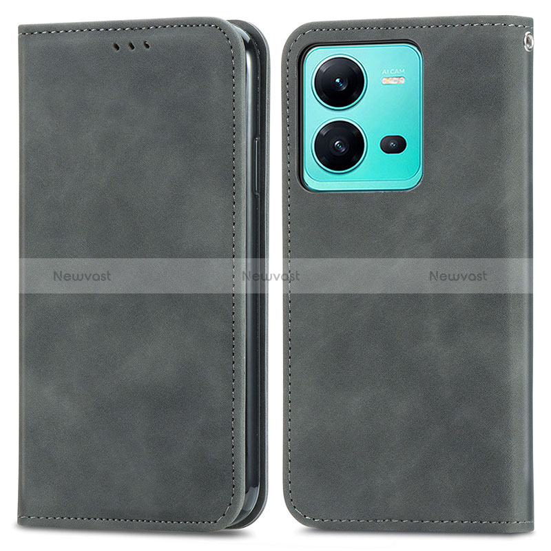 Leather Case Stands Flip Cover Holder S04D for Vivo V25e Gray