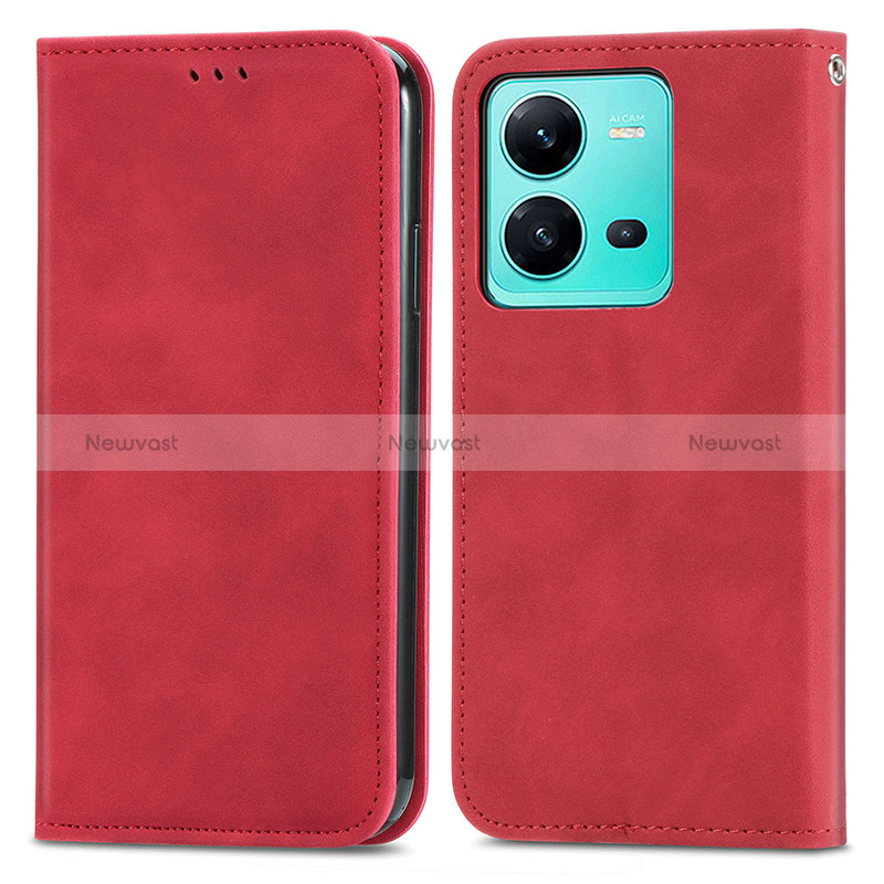 Leather Case Stands Flip Cover Holder S04D for Vivo V25e Red