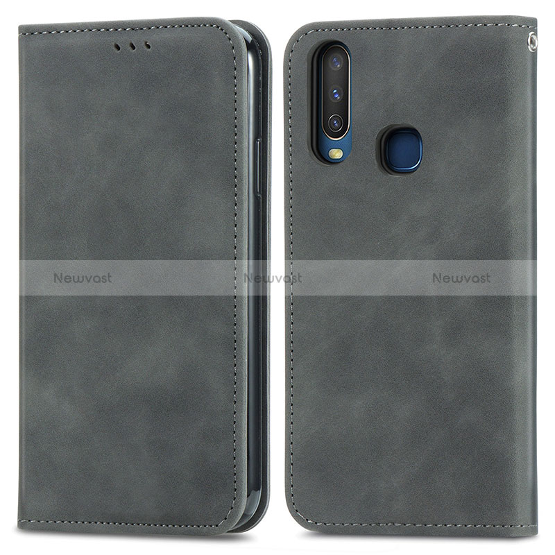 Leather Case Stands Flip Cover Holder S04D for Vivo Y15 Gray