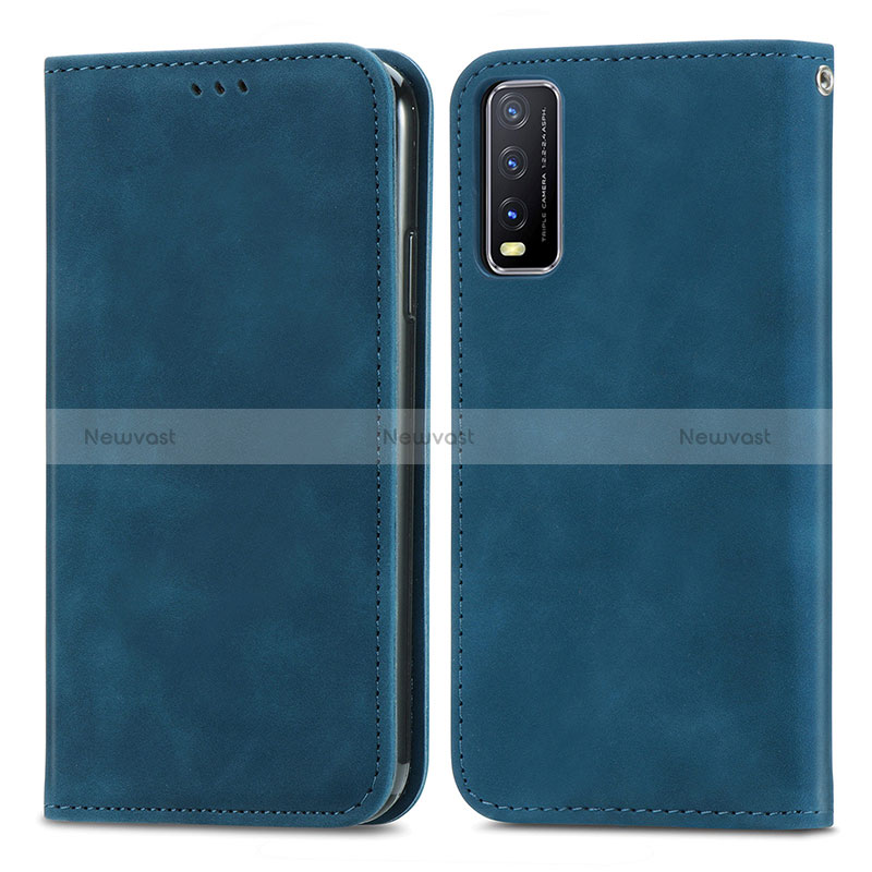 Leather Case Stands Flip Cover Holder S04D for Vivo Y20 Blue