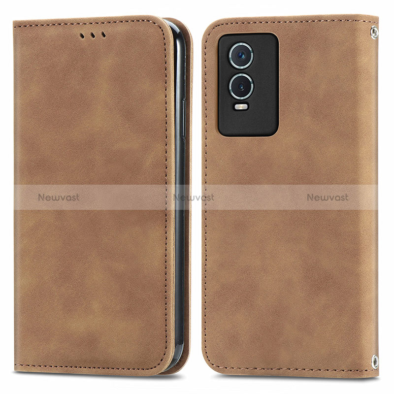 Leather Case Stands Flip Cover Holder S04D for Vivo Y74s 5G Brown