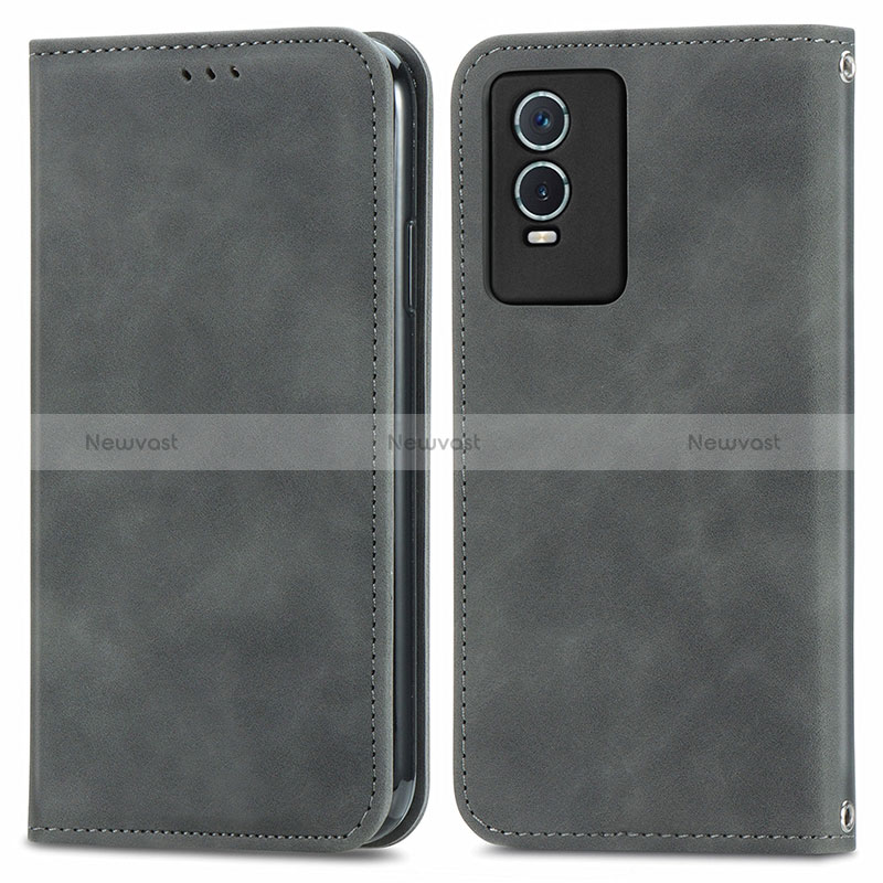 Leather Case Stands Flip Cover Holder S04D for Vivo Y74s 5G Gray