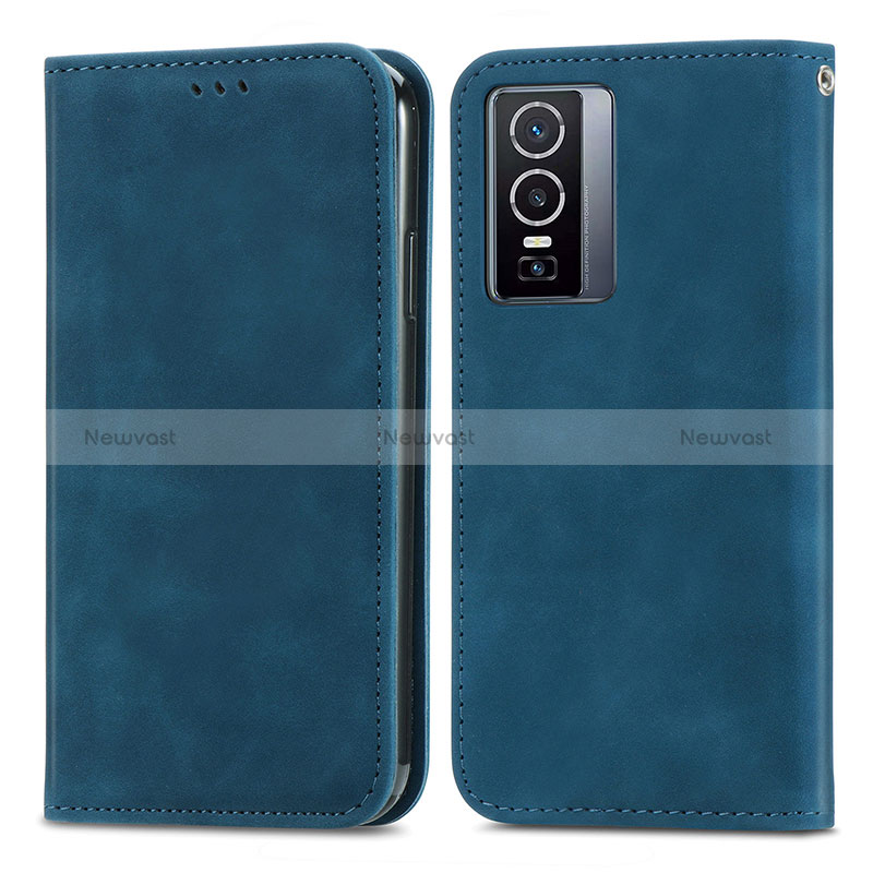 Leather Case Stands Flip Cover Holder S04D for Vivo Y76 5G Blue