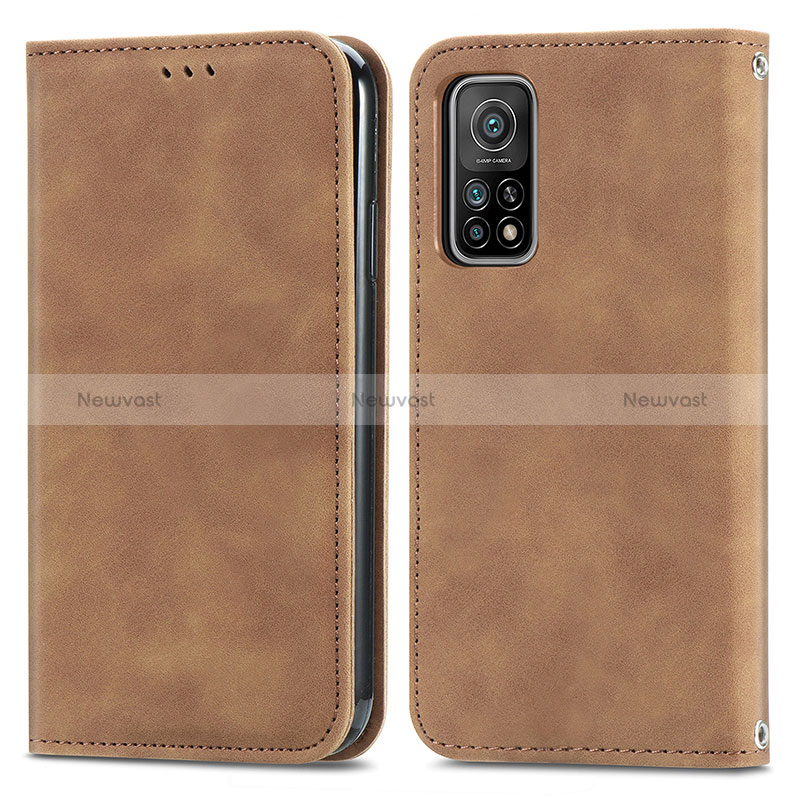 Leather Case Stands Flip Cover Holder S04D for Xiaomi Mi 10T Pro 5G Brown