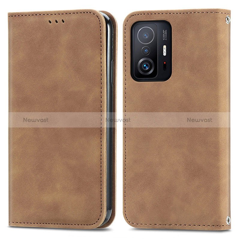 Leather Case Stands Flip Cover Holder S04D for Xiaomi Mi 11T Pro 5G Brown