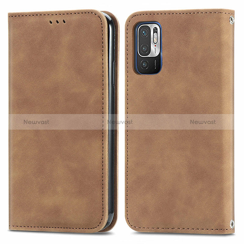 Leather Case Stands Flip Cover Holder S04D for Xiaomi POCO M3 Pro 5G Brown