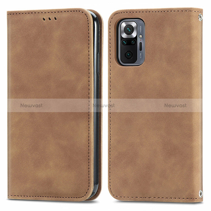 Leather Case Stands Flip Cover Holder S04D for Xiaomi Redmi Note 10 Pro 4G Brown