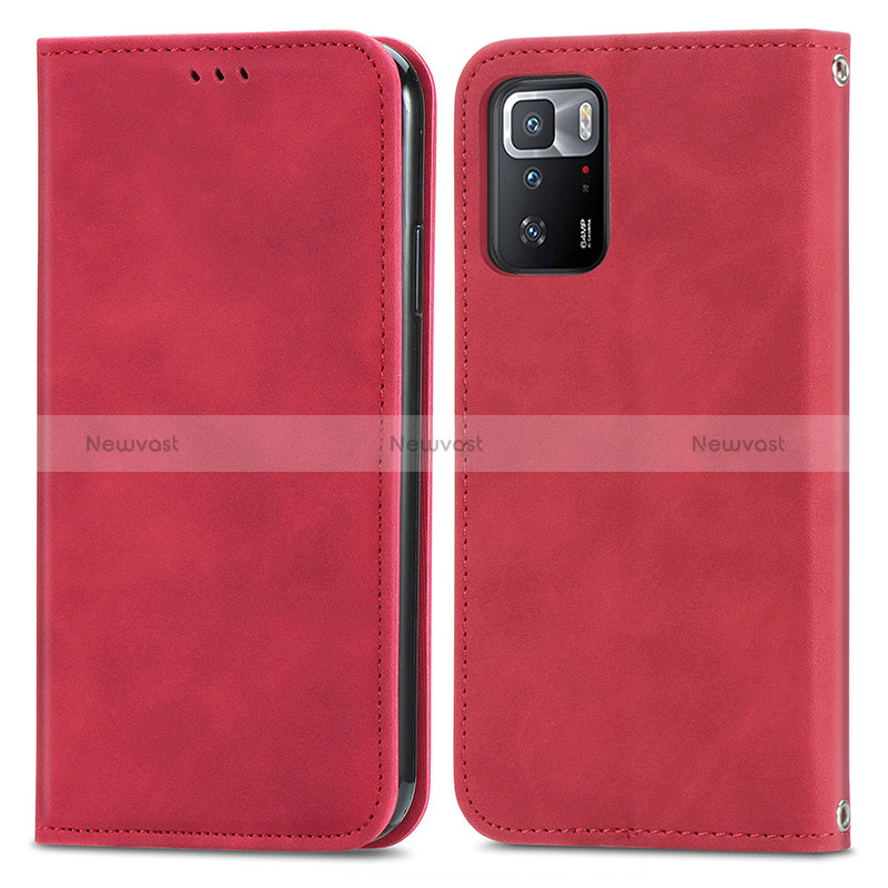 Leather Case Stands Flip Cover Holder S04D for Xiaomi Redmi Note 10 Pro 5G Red