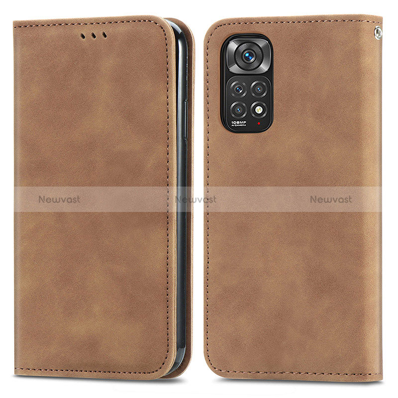 Leather Case Stands Flip Cover Holder S04D for Xiaomi Redmi Note 11 4G (2022) Brown